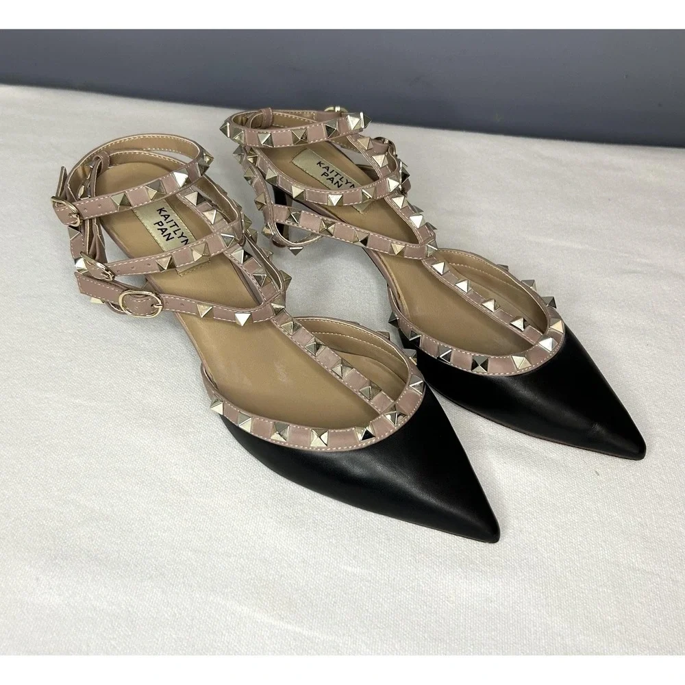 Kaitlyn Pan Shoes Womens 9 Black Studded Strappy Ankle Strap Pointed Toe Heels